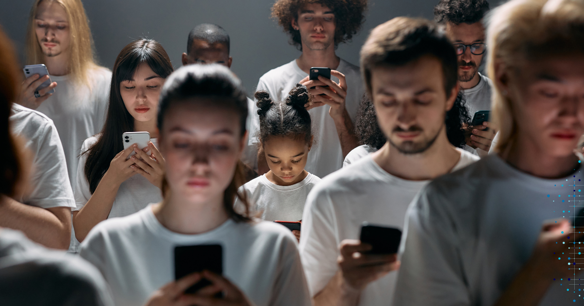 Community Management - Diverse group of people engaged with social media on their smartphones