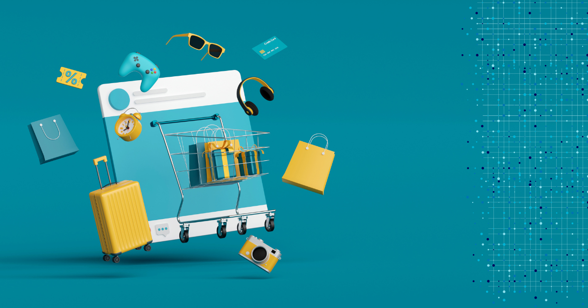 Social Media Advertising - E-commerce shopping cart with products and digital elements